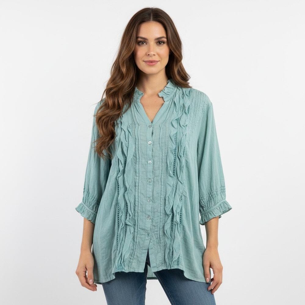 JP & Mattie Sage Green Boho Ruffle Blouse XL Cotton Coquette Relaxed Lagenlook